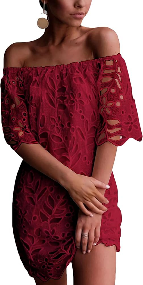 PRETTYGARDEN Women's Boho Off the Shoulder Lace Mini Dress | Amazon (US)