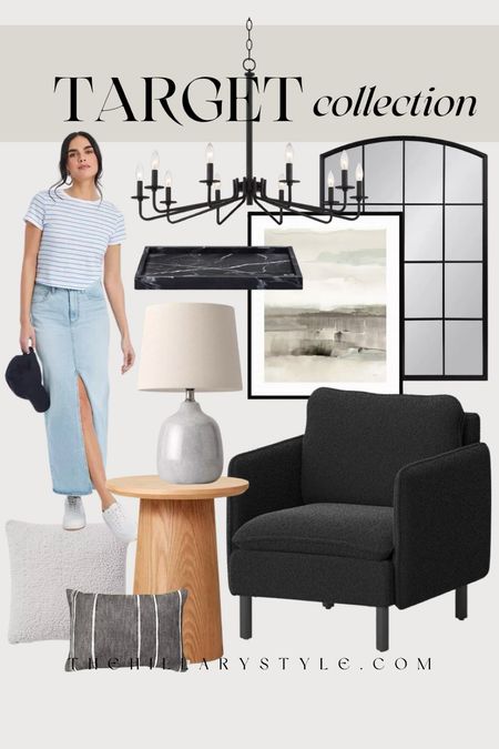 Target Collection: dark and neutral home decor and fashion finds from Target. Black boucle chair, wood accent table, ceramic lamp, black arched mirror, framed abstract art, black chandelier, gray boucle accent pillow, striped accent pillow, black marble tray, denim skirt, striped tshirt, baseball hat, white sneakers. 

#LTKsalealert #LTKSeasonal #LTKhome