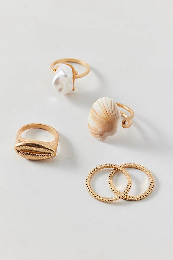 Emery Pearl And Shell Ring Set in Gold Shell, Women's at Urban Outfitters | Urban Outfitters (US and RoW)