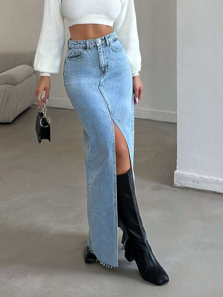 Cottnline High Waist Split Thigh Denim Skirt | SHEIN