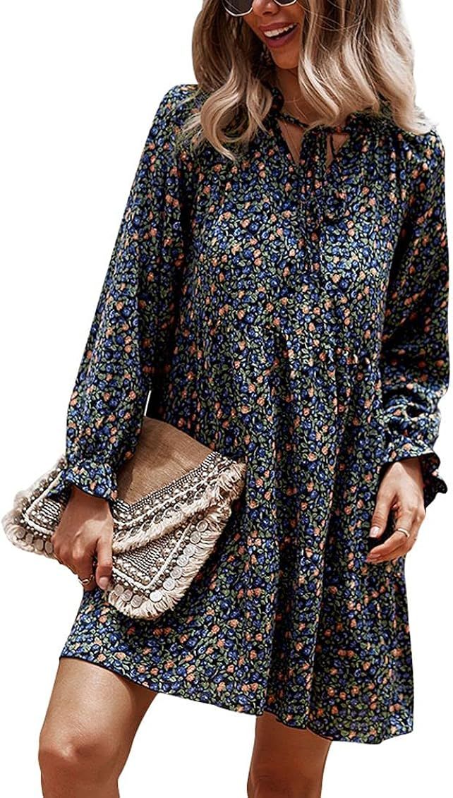 Womens Boho Floral Casual Dresses, Ruffle Long Sleeve V Neck Tie Elegant Shirt Flowy Beach Dresse... | Amazon (US)