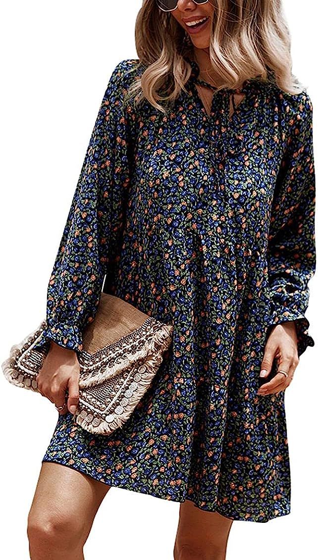 Womens Boho Floral Casual Dresses, Ruffle Long Sleeve V Neck Tie Elegant Shirt Flowy Beach Dresses | Amazon (US)