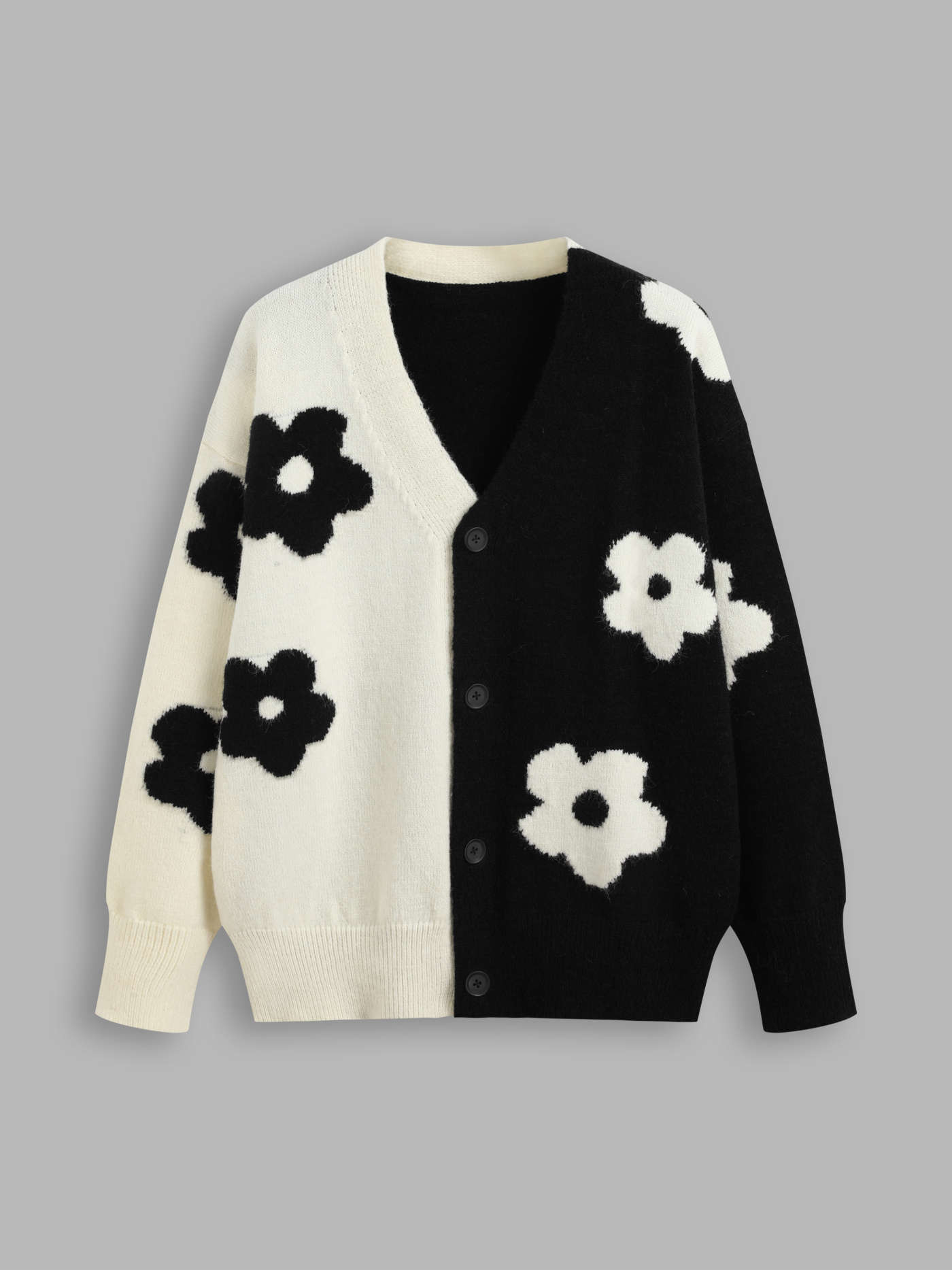 Knit V-neck Floral Two Tone Oversized Cardigan | Cider