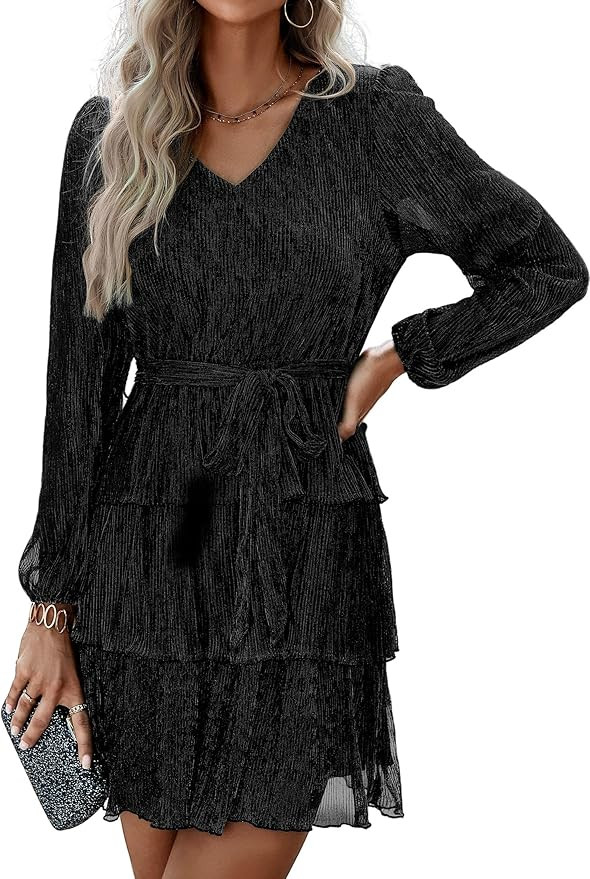 Angashion Women Dress Wedding Guest - 2023 Formal Party Long Sleeve Mini Cocktail Glitter Sundres... | Amazon (US)