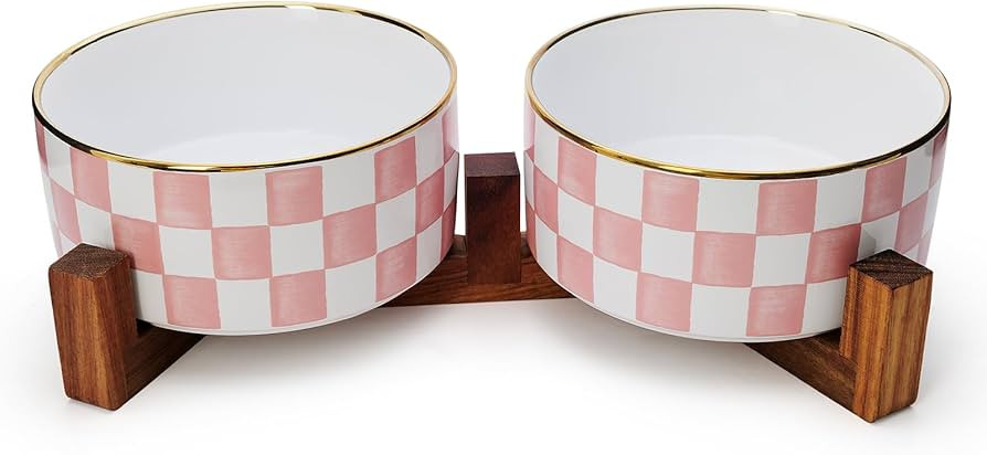 Ceramic Dog Bowls for Medium Dogs, 3.5 Cups Checkered Dog Food and Water Bowl with Acacia Wood St... | Amazon (US)