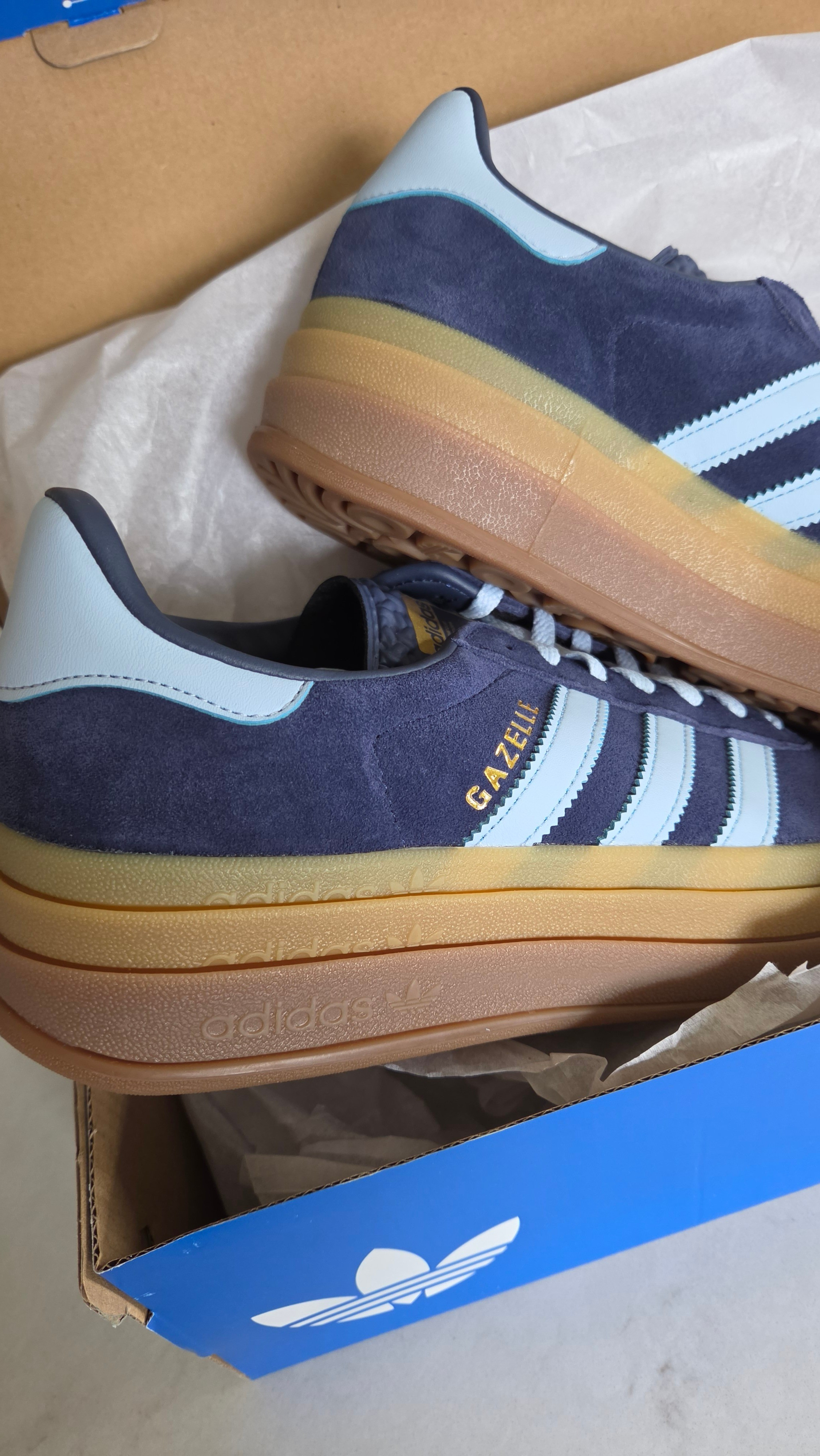 These Adidas Gazelle Bold sneakers feature a stunning navy suede with a triple-stacked gum sole for the perfect height boost. The light blue accents make them a versatile must-have for your spring shoe rotation.#adidas #gazellebold #sneakerstyle #streetwear

#LTKSaleAlert #LTKootd #LTKActive
