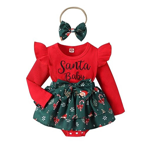 Hnyenmcko Newborn Baby Girl Christmas Clothes Infant Red Plaid Romper Dress Ruffle Long Sleeve Ribbed Bodysuit Headband Set (Red-Santa Bay, 9-12 Months) | Amazon (US)
