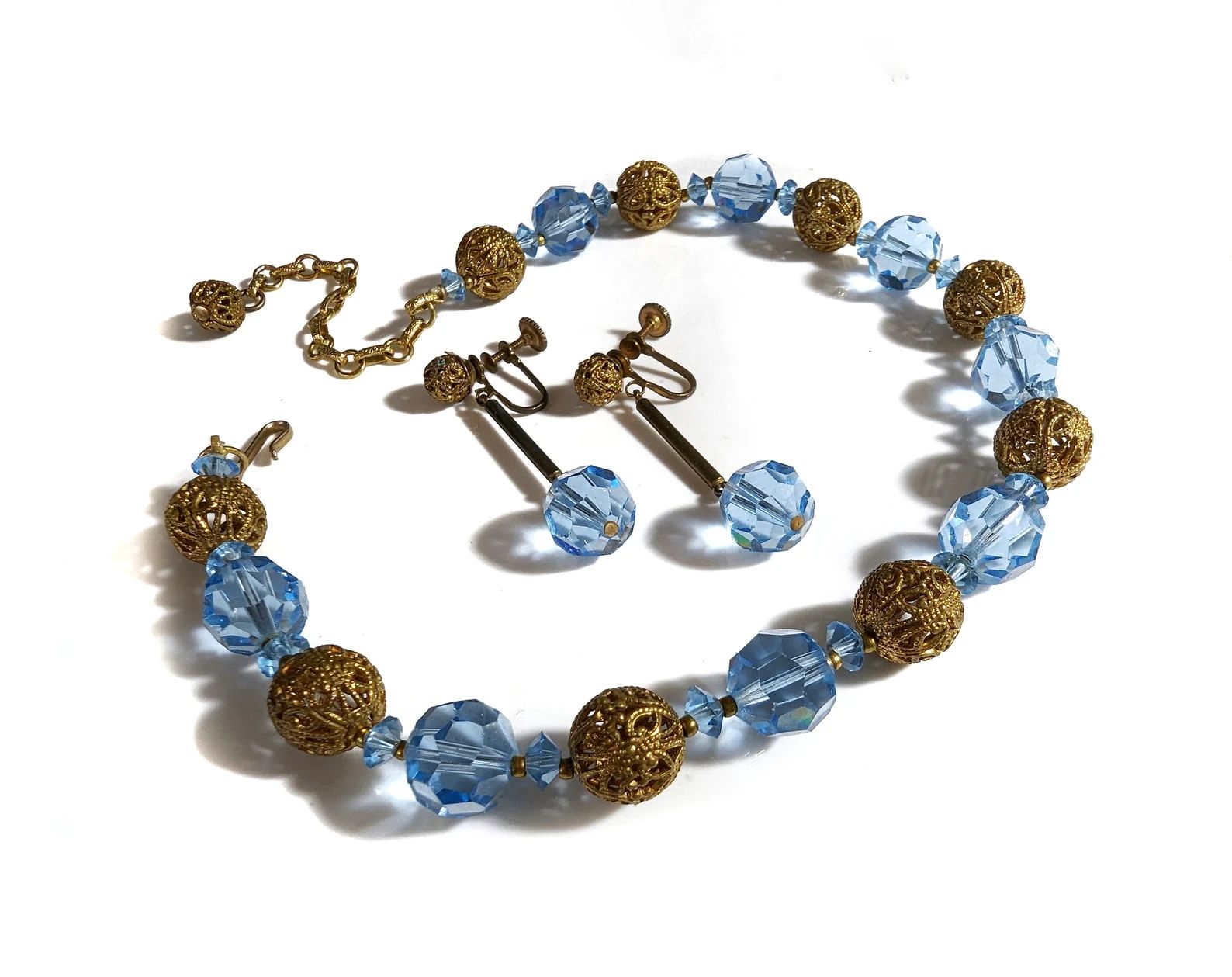 1930s Retro ART DECO Blue Faceted CZECH Glass Crystal Choker Necklace & Dangle Earrings Set -Bras... | Etsy (US)