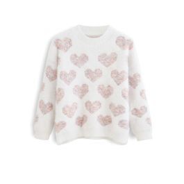 Fuzzy Pink Heart Pearl Trim Knit Sweater | Chicwish