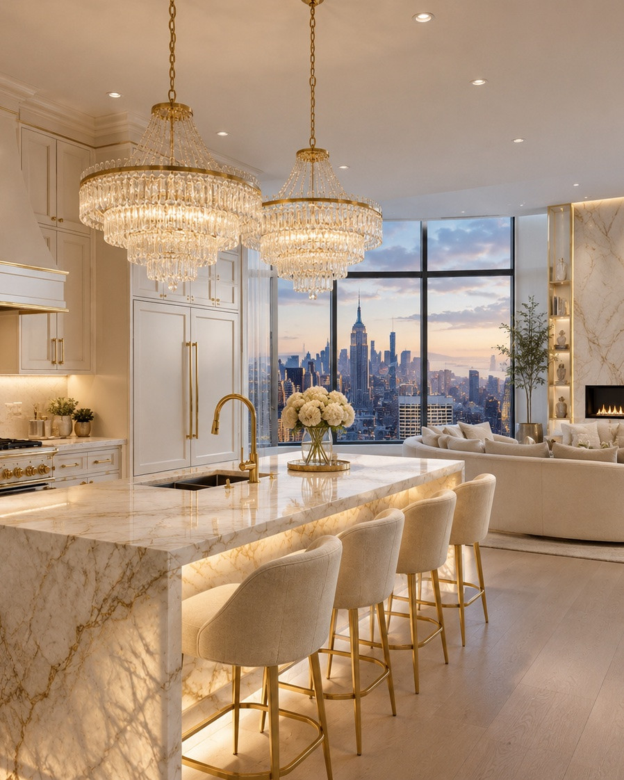A kitchen designed to feel cinematic, warm, and impossibly refined.

The illuminated marble island creates a soft glow throughout the space while oversized crystal chandeliers define the architecture above. Matte cabinetry, layered brass finishes, and sculptural seating complete the atmosphere — creating a kitchen that feels more like a luxury penthouse than a traditional home.

Every detail in this space was curated to elevate everyday living.

Shop the full luxury kitchen through my LTK:
The Elegant Curator LTK￼