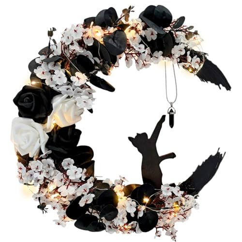 Halloween Wreath Moon Cat Black White Wreath Halloween Decor 13.7in×9.8in | Amazon (US)
