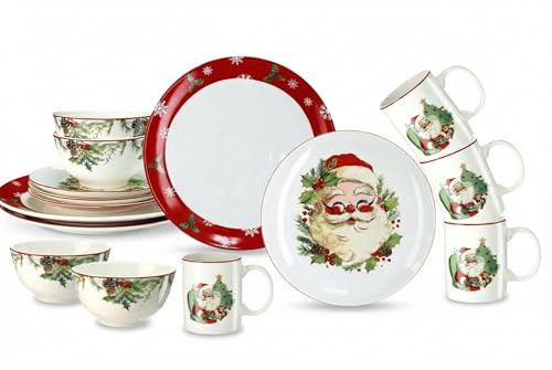 Pickmesh 16 Pcs Santa Christmas Dishes Dinnerware Set for 4 Guest Holiday Dinner Plates Ceramic Santa Claus Salad Plates Christmas Tree Bowl Mug Vintage Xmas Gift for Holiday Party Kitchen Decoration | Amazon (US)