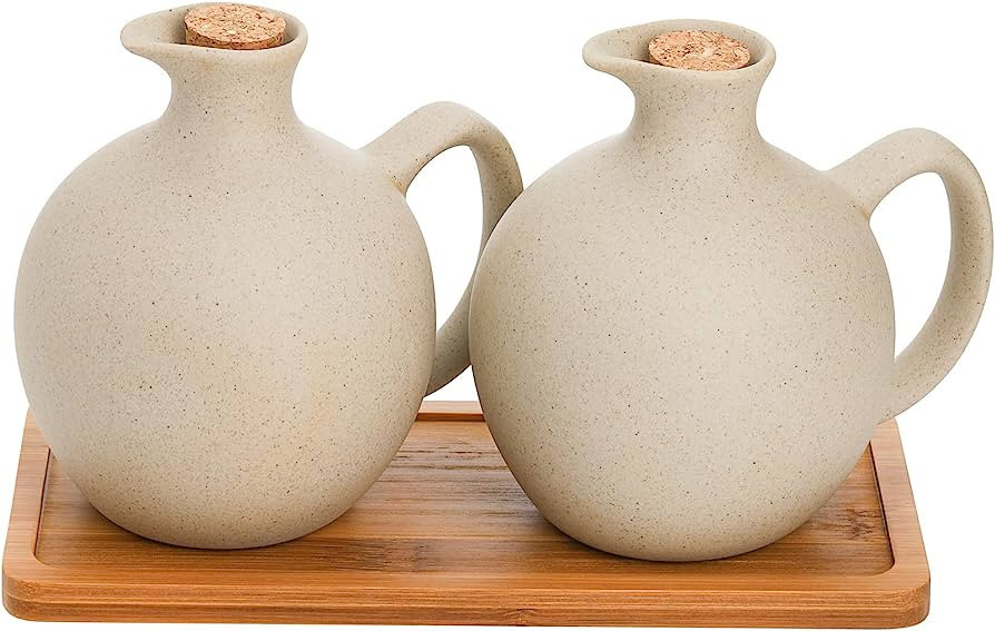 Elsjoy Set of 2 Ceramic Oil Vinegar Dispenser with Cork and Tray, 15 Oz Tabletop Oil Bottles Soy ... | Amazon (US)