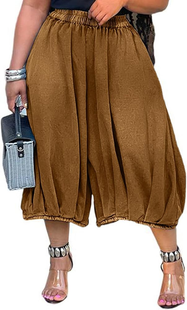 Tbahhir Women's Baggy Jeans Barrel Cropped Elastic Waist Denim Pants Loose Trousers with Pockets | Amazon (US)