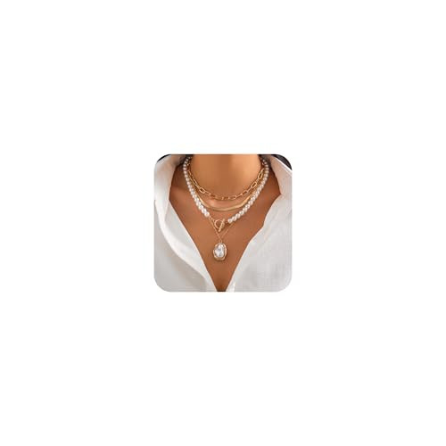 Gold Layered Necklaces for Women Chunky Layered Gold Necklaces Stacked Paperclip Chain Pearl Neck-lace Herringbone Toggle Clasp Choker Trendy Jewelry Gifts for Her | Amazon (US)