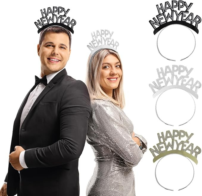 Amosfun HAPPY NEW YEAR Headband Tiara New Years Party Favors Gold Silver Black 12 Pieces | Amazon (US)