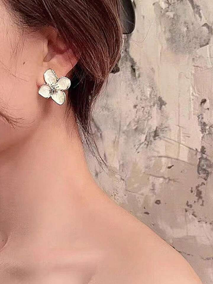 1 Pair Fashion Retro Red Lotus Flower Dangle Earrings, Enamel Painted Floral Stud Earrings, Trend... | SHEIN