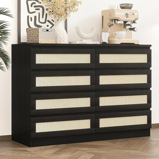 8 Drawer Double Dresser for Bedroom, Rattan Chest of Dressers, Modern Wooden Dresser Chest, Besid... | Amazon (US)