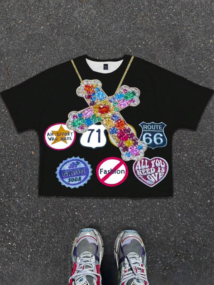 Manfinity Streetrush Men's Truncated Cropped T-Shirt, Oversized Colorful Diamond Cross Pattern, S... | SHEIN