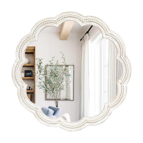 UPPER DECOR 24 Inch Round Wall Mirror, Whitewashed Wooden Frame with Scalloped Edge & Beaded Trim, Decorative Farmhouse Boho Mirror for Bedroom, Bathroom, Living Room, Entryway | Amazon (US)