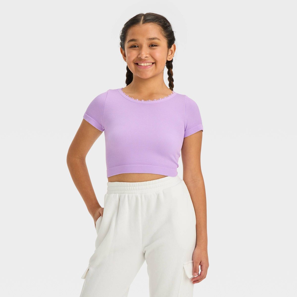 Girls' Short Sleeve Lace Trim Seamless T-Shirt - art class™ | Target