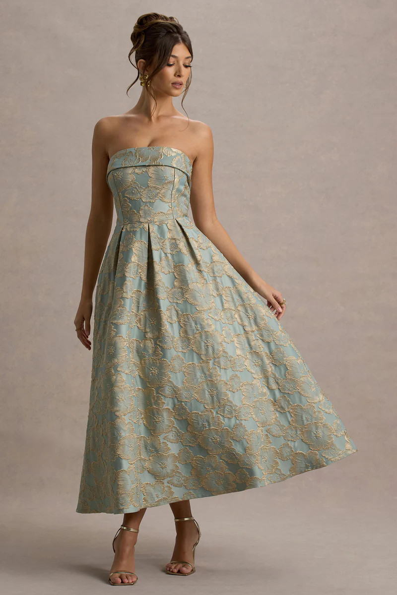 Zuma | Light Blue Jacquard Strapless Midi Dress | Club L London