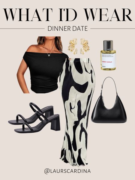 What I’d wear for a dinner date includes a black off the shoulder top paired with a black and white patterned skirt, a black shoulder bag, black strappy heels, gold earrings, a rhinestone necklace, and vanilla perfume. 

Ootd, date night, outfit inspiration, summer outfit 

#LTKshoecrush #LTKfindsunder50 #LTKstyletip