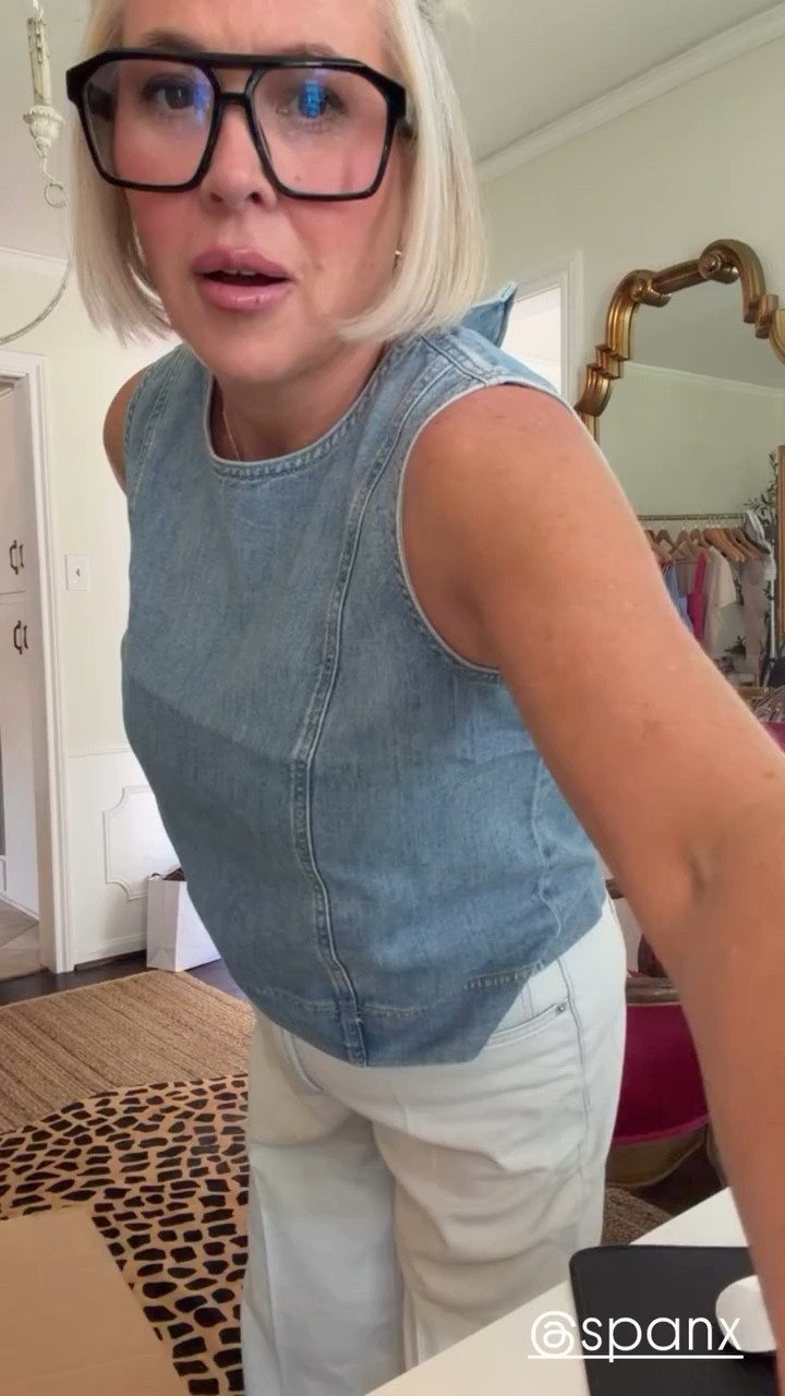 @Spanx SPANX 
Denim sleeveless top is very soft. I’m wearing a size. Small fits true to size has a zipper in the back.

Wide leg denim fits true to size. I’m wearing a small very soft. ￼

#LTKgrwm #LTKdayinmylife #LTKMothersDay