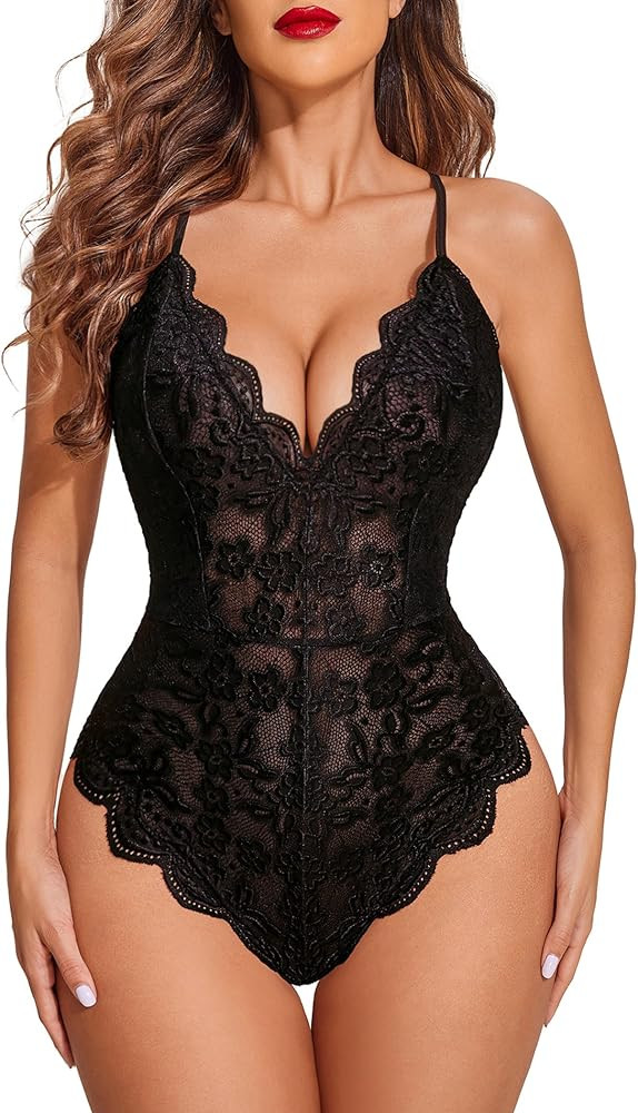 Avidlove Women One Piece Lingerie Deep V Teddy Sexy Lace Bodysuit Snap Crotch Babydoll | Amazon (US)
