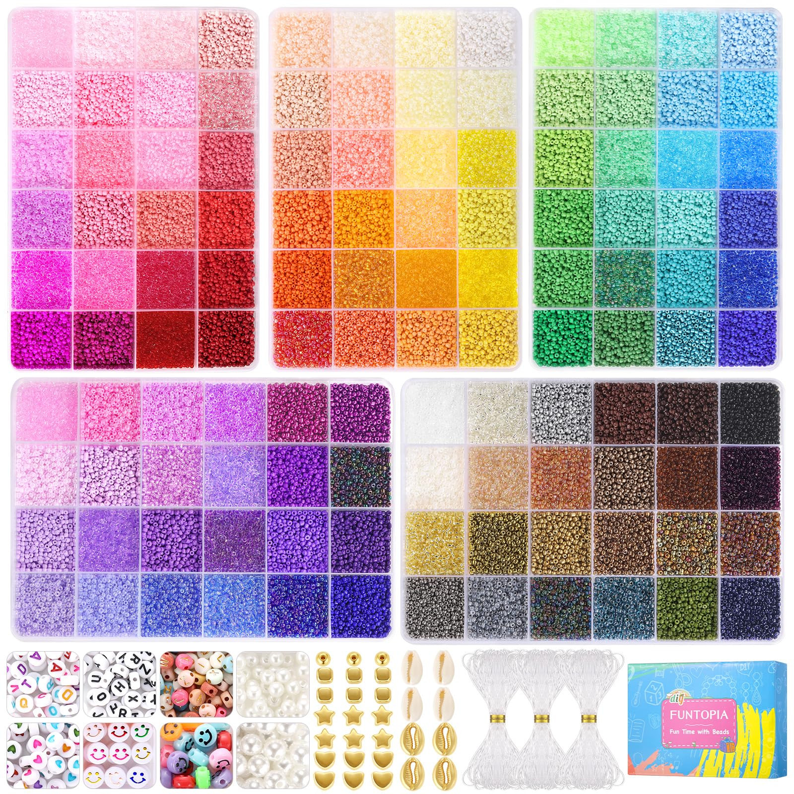 Funtopia 120 Colors 2mm Seed Beads for Jewelry Making, 49000 pcs Tiny Glass Beads for Bracelets, ... | Amazon (US)