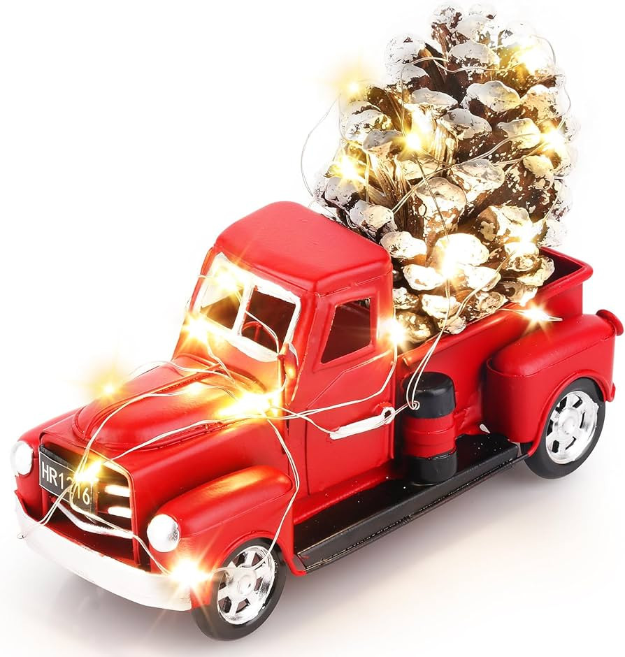 Fowecelt Red Christmas Truck Decor, LED String Lights Vintage Red Metal Pickup Truck Car Model wi... | Amazon (US)