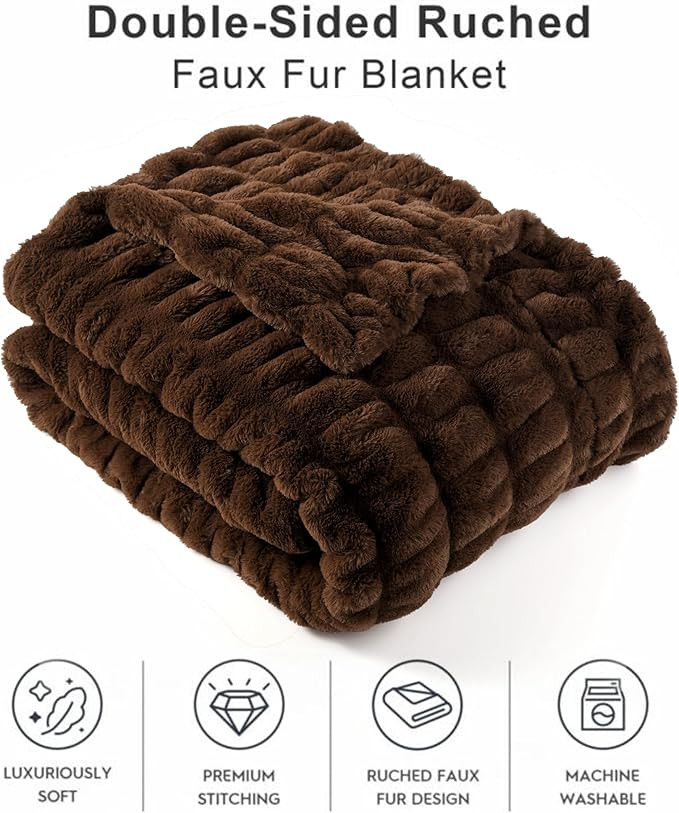 BATTILO HOME Chocolate Brown Faux Fur Throw Blanket for Couch, Double Side Reversible Ruched Rabb... | Amazon (US)