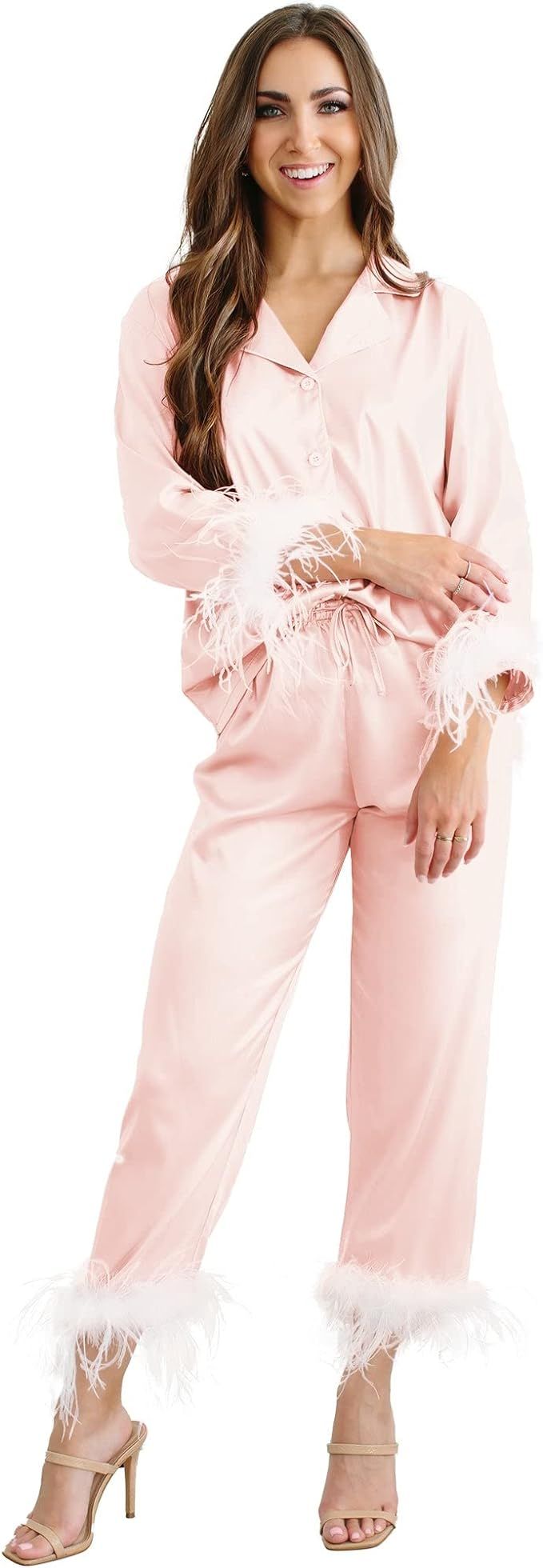 Belle's Design Women's Feather Trim Silk Satin Pajama Button Down Long Sleeve and Pants Set Sleep... | Amazon (US)