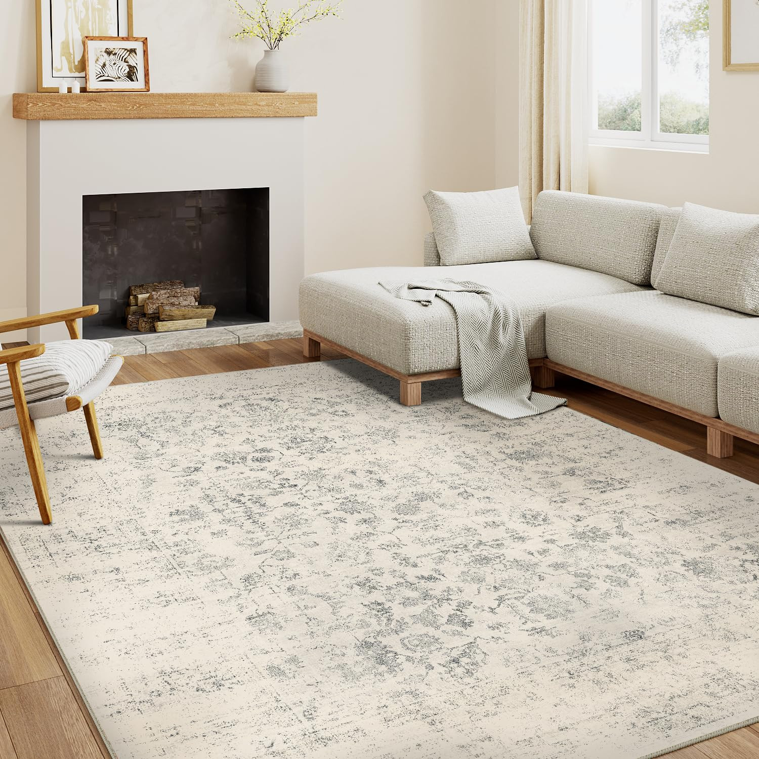 5x7 Machine Washable Rugs Light Grey Area Rug Indoor Floral Vintage Low Pile Carpet Distressed Th... | Amazon (US)