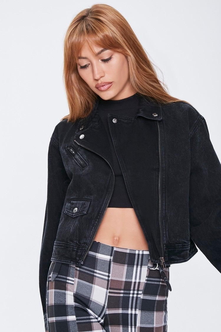 Zip-Up Denim Jacket in Washed Black Large | Forever 21 (US)