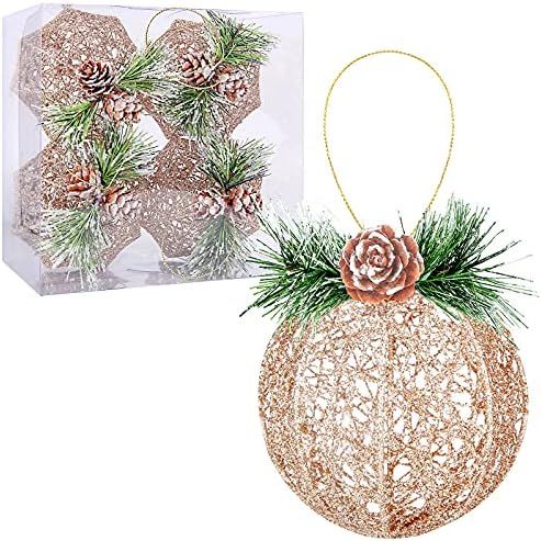 Christmas Ball Ornaments, 4pc Set Champagne Pinecone Rattan Thread String Christmas Tree Ornament... | Amazon (US)