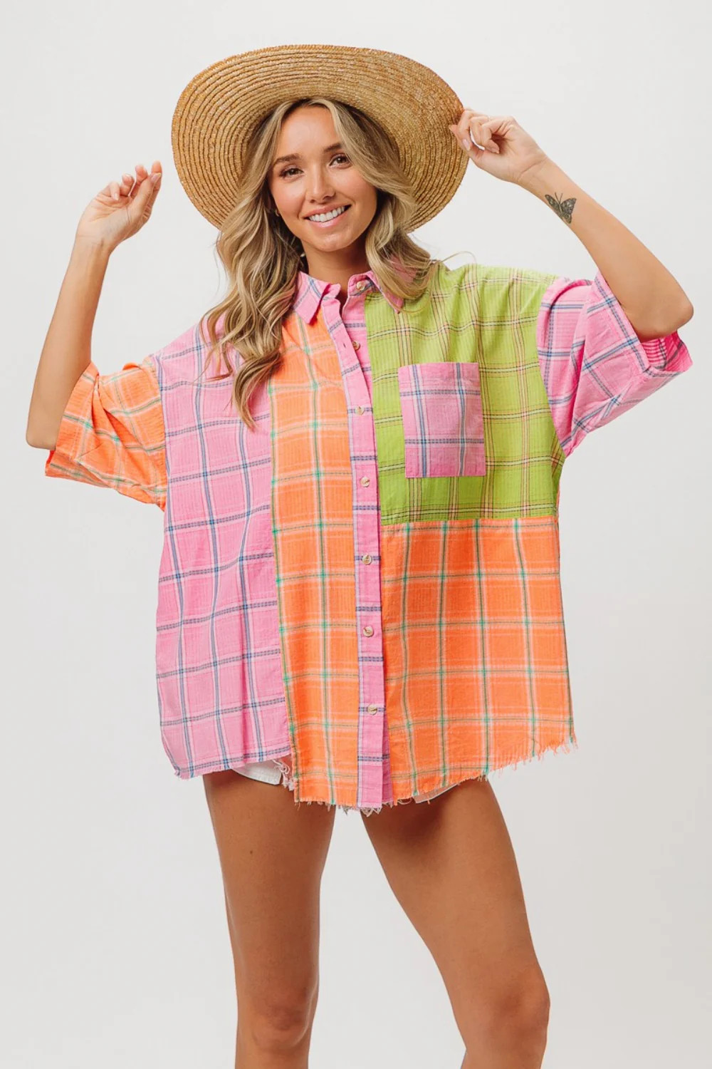 BiBi Plaid Collared Neck Half Sleeve Shirt | Pink/Peach/Lime / S | Casual Chic Boutique