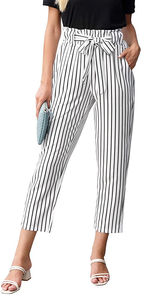 GRACE KARIN Women Ruffled High Waist Casual Pants Cropped Striped Pants | Amazon (US)