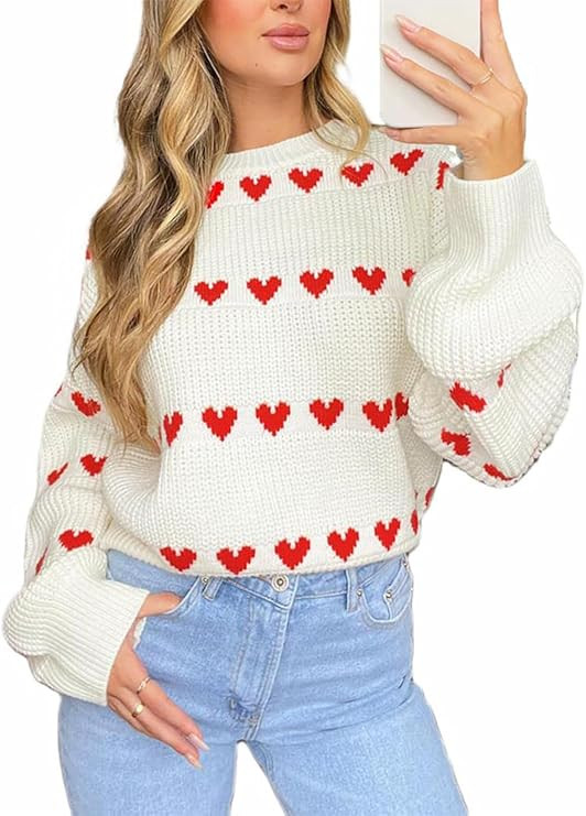 Women Heart Print Sweaters Crewneck Loose Fit Valentine's Day Knit Pullover Casual Sweater Tops | Amazon (US)