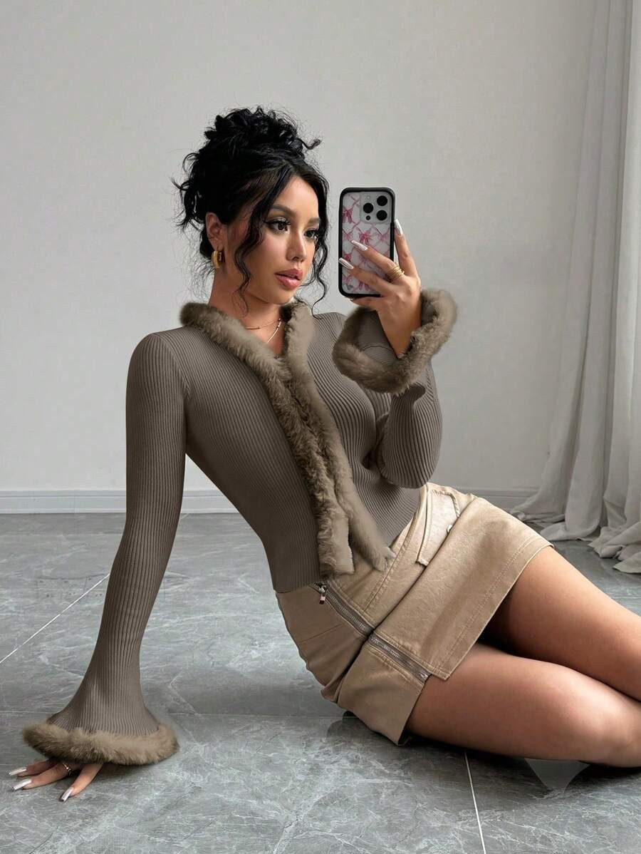 Rafferiza Women Solid Color Fur Collar Splice Cardigan, Autumn/Winter | SHEIN