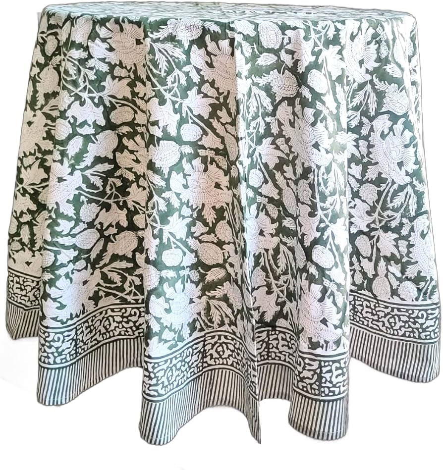 ATOSII Meraki Green 100% Cotton Round Tablecloth, Handblock Print Floral Table Cloth for Kitchen ... | Amazon (US)