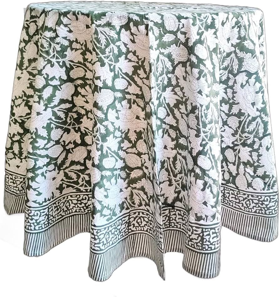 ATOSII Meraki Green 100% Cotton Round Tablecloth, Handblock Print Floral Table Cloth for Kitchen ... | Amazon (US)