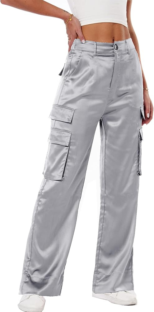 Women's Satin Cargo Wide Leg Pants Silky Party Dressy Casual Pocketed Pant Long Trouser | Amazon (US)