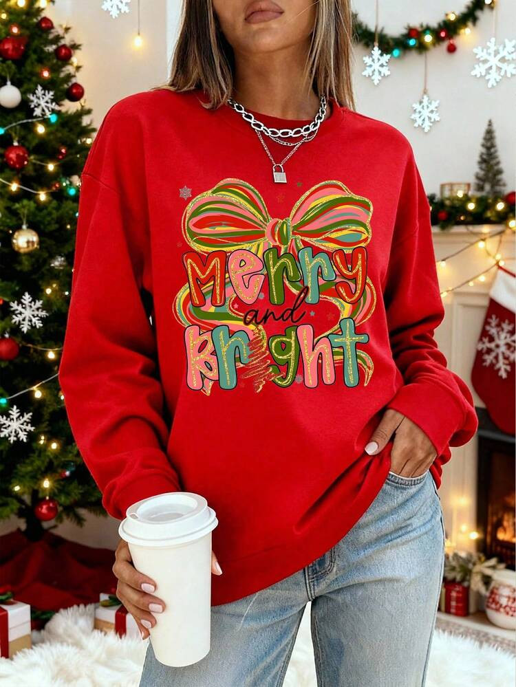 Merry Bright Christmas Oversized Crew Neck Long Sleeve Casual Sweatshirt For Women, Autumn/Winter | SHEIN