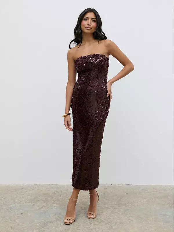 Pretty Lavish Gene Bandeau Sequin Midaxi Dress - Burgundy | Very (UK)
