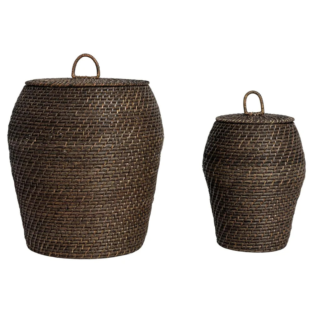 Cassie Coastal Washed Black Rattan Hamper - Set of 2 | Kathy Kuo Home