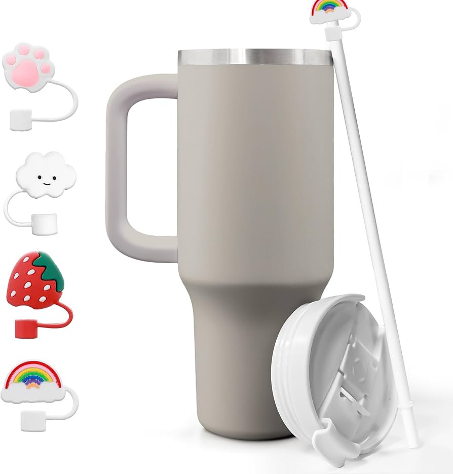SLURZA 40 OZ Warm Gray Tumbler With Handle & Straw Covers Topper - Insulated Water Bottle with Li... | Amazon (US)
