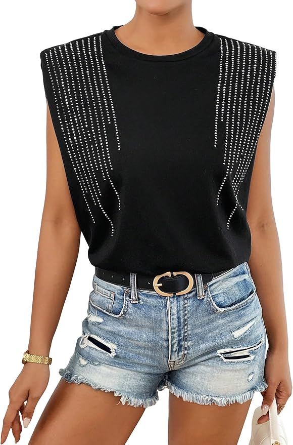 Verdusa Women's Rhinestone Padded Shoulder Tank Top Crew Neck Sleeveless Vest | Amazon (US)