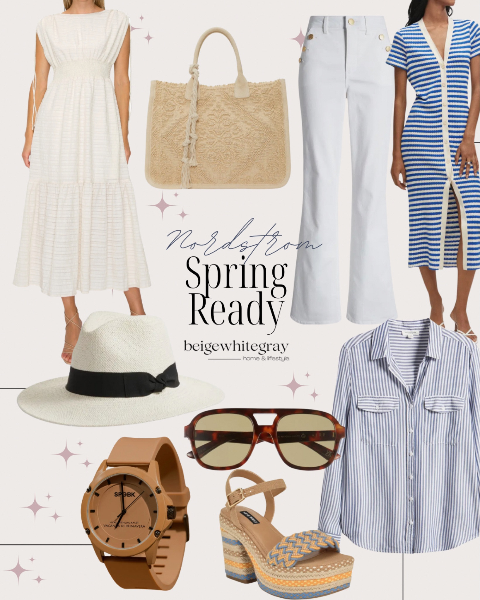 Spring ready with the cutest resort wear, vacation wear! Summer wear!! White flare jeans, white dress, stripe button down, affordable sunglasses, cute Sanford, warm ven summer bag. 

#LTKSeasonal #LTKshoecrush #LTKstyletip