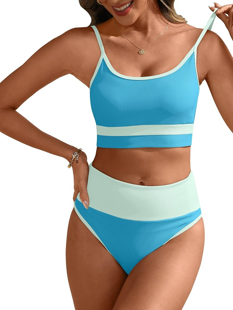 ANRABESS Bikini Sets for Women 2 Piece High Waisted Tummy Control Color Block Summer Beach Swimsu... | Amazon (US)